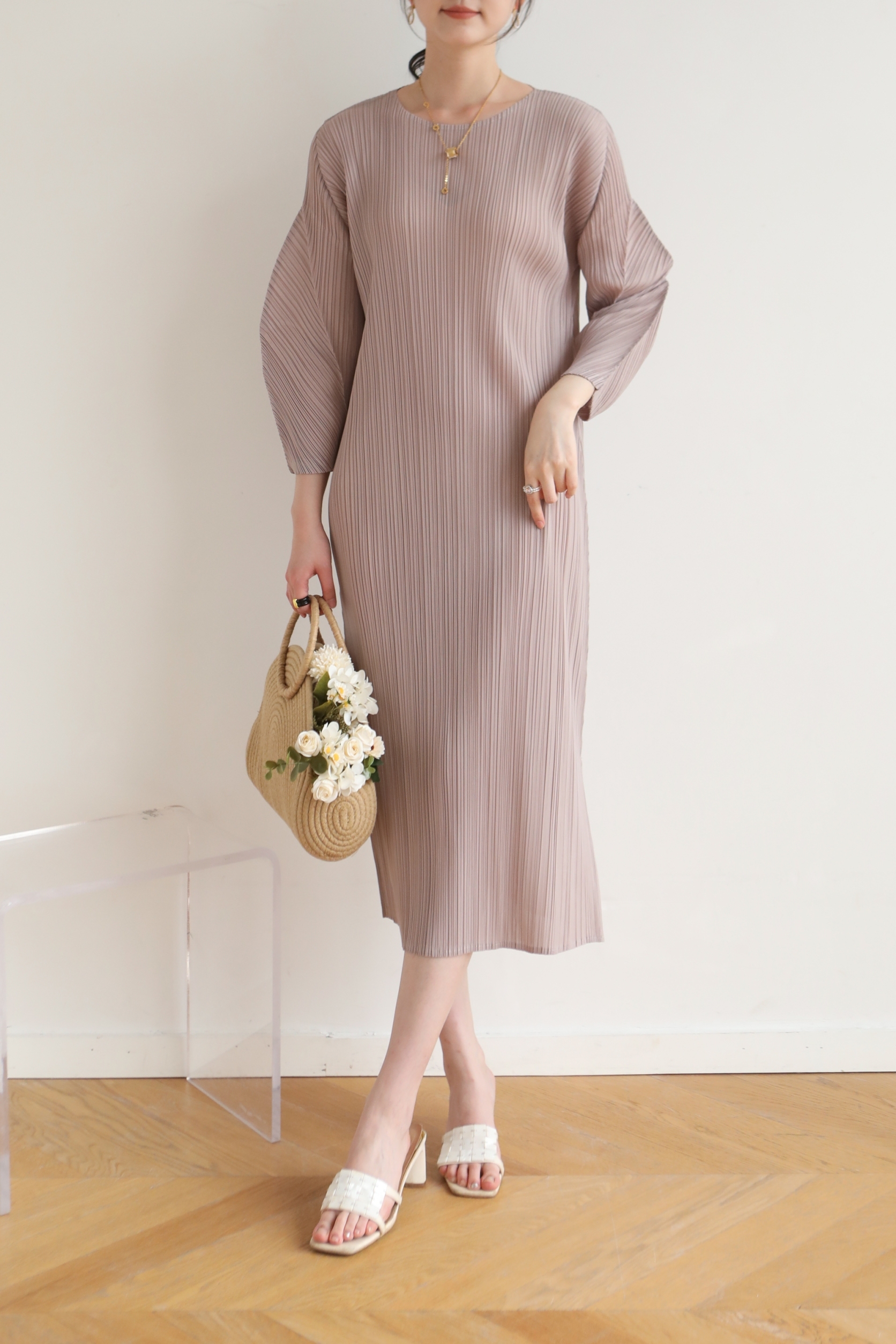 2MUAY รุ่น GJO8848 เดรสพลีทคุณภาพ LONG SLEEVE PLEATED DRESS 8 สี FREE SIZE