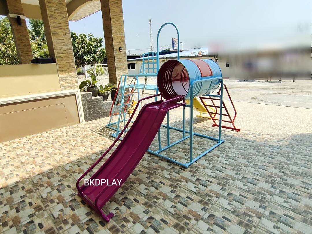 เครื่องเล่นสนามชุดรวมD ประกอบด้วยสไลเดอร์ปีนป่ายแป้นบาสและถังลอด, เครื่องเล่นสนามกลางแจ้ง , เครื่องเล่นสนามเหล็ก, ของเล่น, OutdoorPlayground,สนามเด็กเล่น,เครื่องเล่นงบสพฐ.ประชารัฐ ราคาโรงงาน