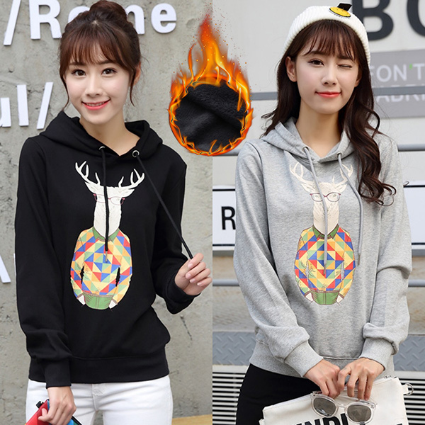 [SALE] เสื้อสเวตเตอร์ฮู้ดพิมพ์ลายกวาง ซับกำมะหยี่กันหนาว-11981