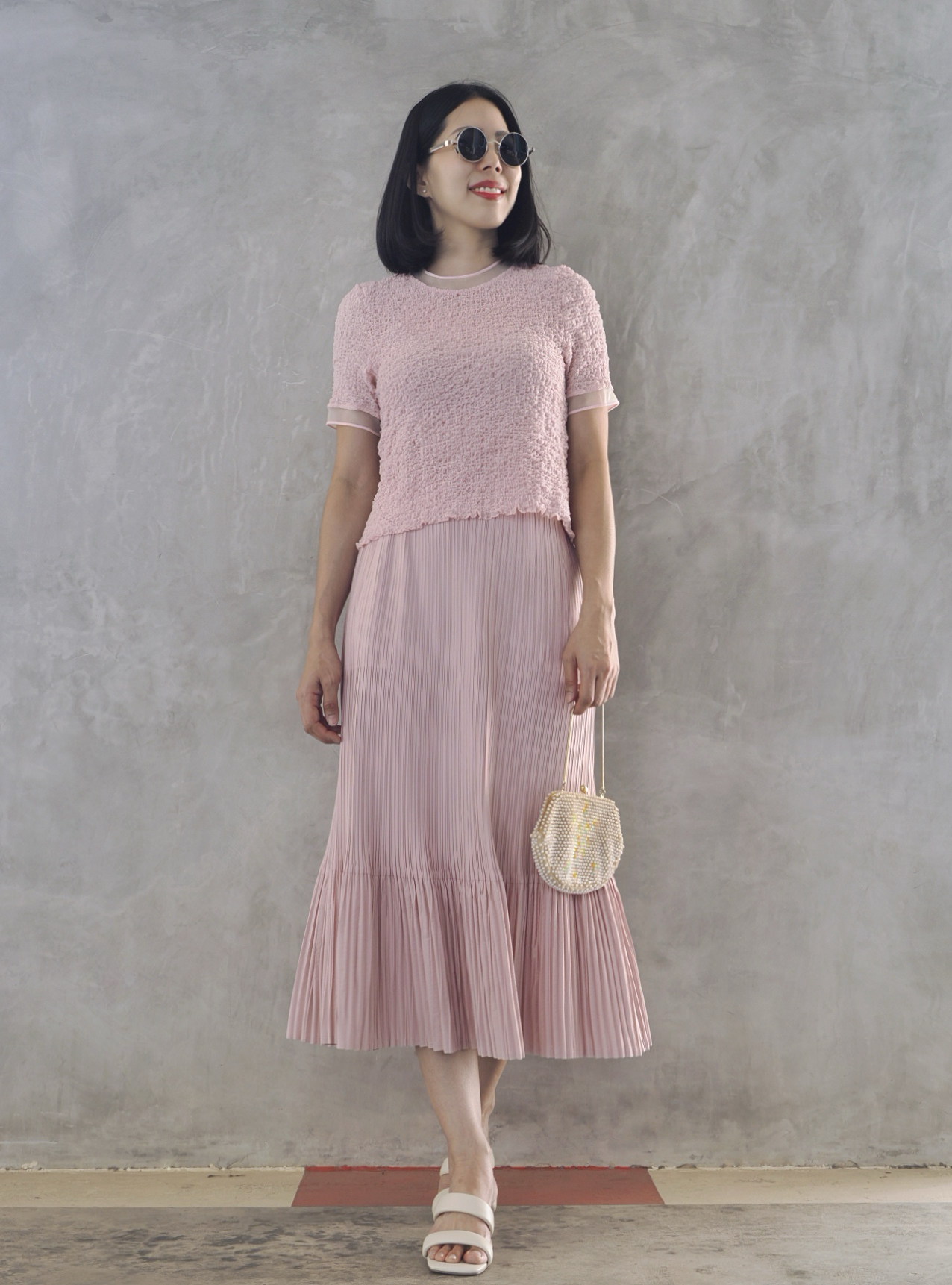 กป ยาว32นิ้ว! 2MUAY รุ่น GJO1448 / GJO1738 เซ็ตพลีทคุณภาพ SHORT SLEEVE SMOCK TOP WITH FLARE SKIRT PLEATED SET 8 สี FREE SIZE