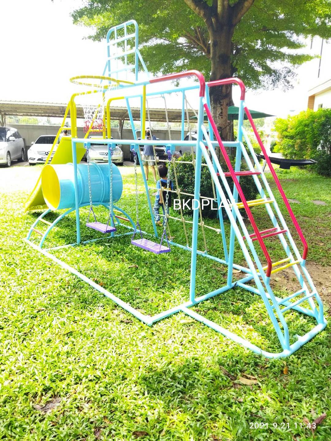 ชุดรวม E เชือกถักใหญ่ ประกอบด้วยสไลเดอร์ชิงช้าปีนป่ายแป้นบาสและถังลอดถ้ำ กระดานลื่นเหล็ก เครื่องเล่นสนามกลางแจ้ง เครื่องเล่นสนามเหล็ก OutdoorPlayground,ผลิตเครื่องเล่นสนาม,เครื่องเล่นในสนามเด็กเล่น,เครื่องเล่นงบสพฐ.,ประชารัฐ, ราคาโรงงาน