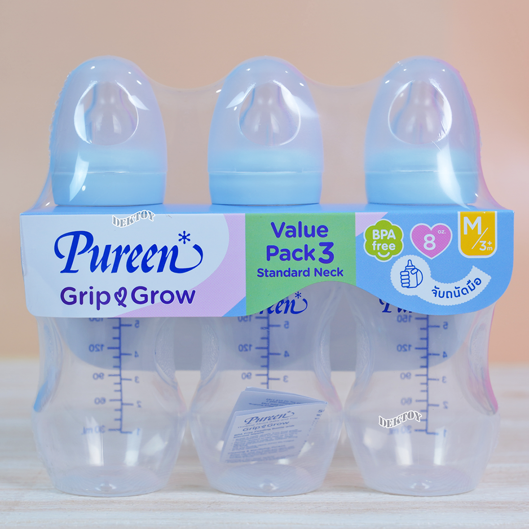 Pureen ขวดนมเพียวรีนจับถนัดมือ PPคอมาตรฐานแพ็ค3ขวดจุกนุ่มAnti-colic Grip grow