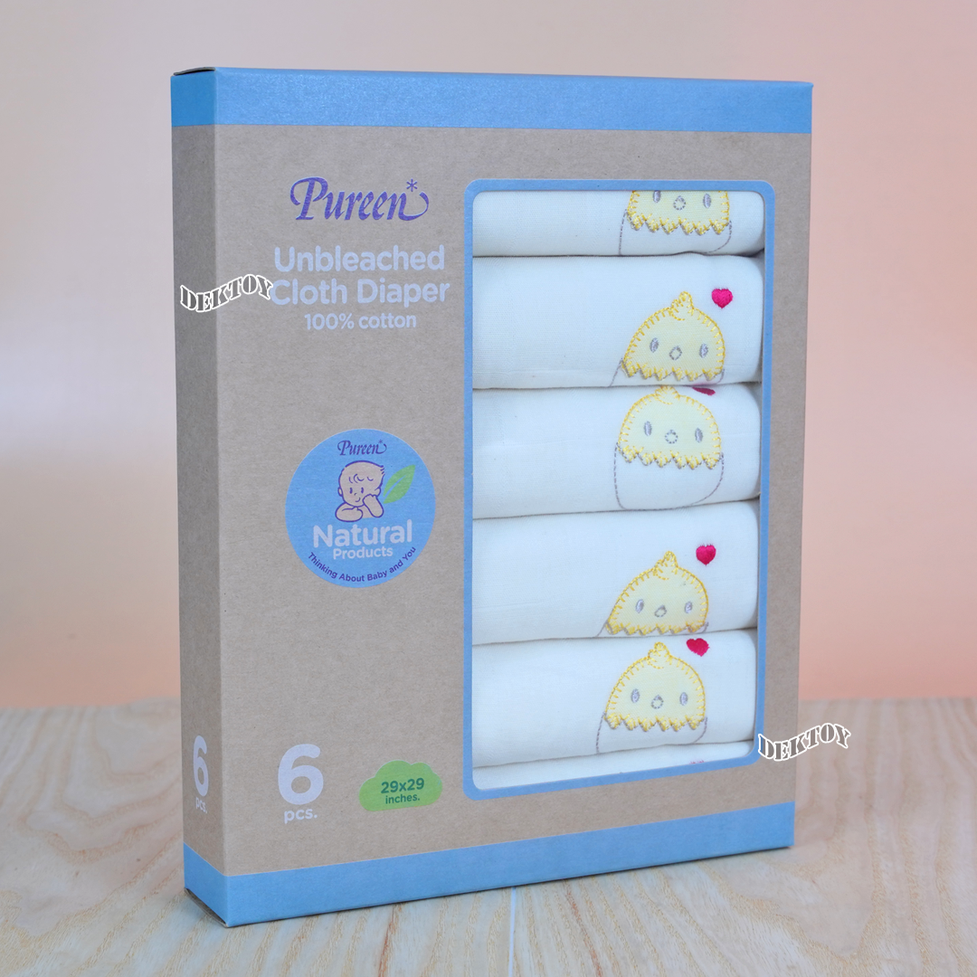 Pureen เพียวรีน ผ้าอ้อมคอตตอนเพียวรีนไม่ฟอกขาว Cotton USA 2 ชั้นไซส์ 29 x 29 นิ้ว แพ็ค 6 ผืน