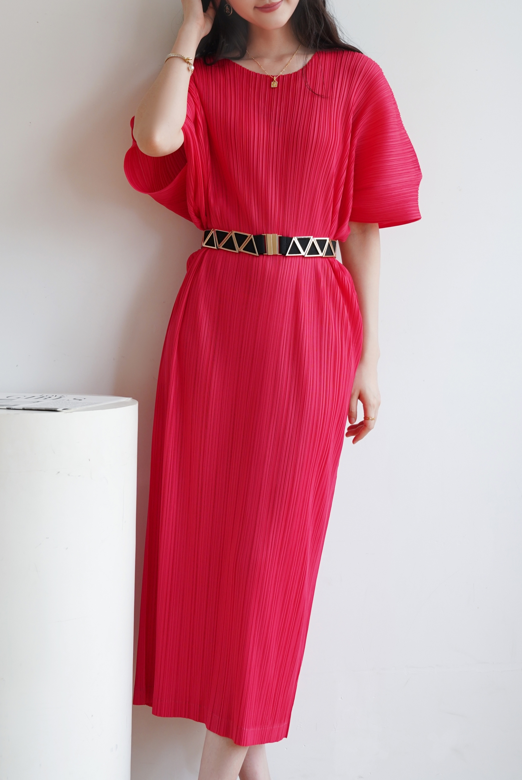 2MUAY รุ่น GJO1408 เดรสพลีทคุณภาพ SHORT SLEEVE V NECK PLEATED DRESS 10 สี FREE SIZE