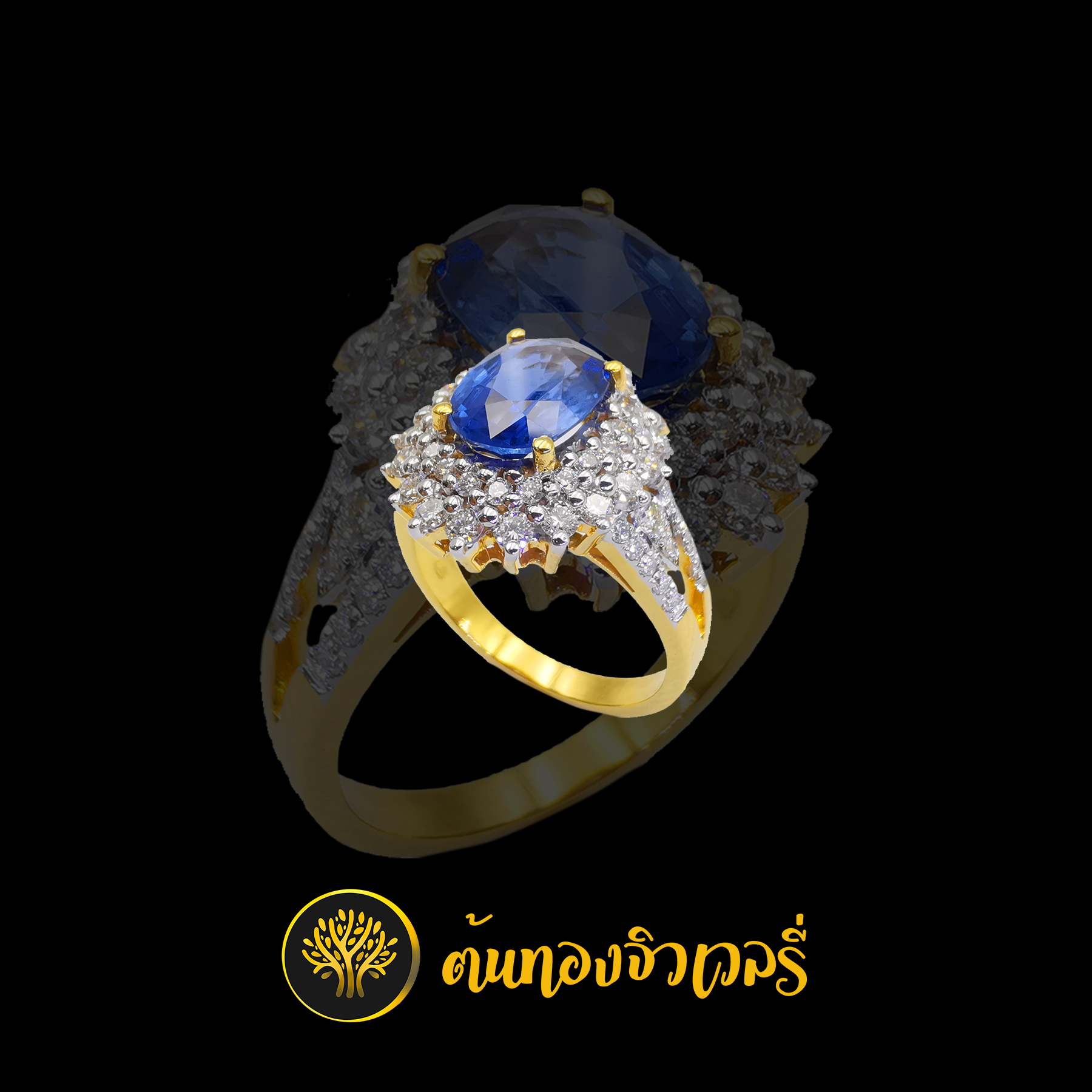 แหวนพลอยไพลิน ล้อมเพชร ทรงดอกไม้ ก้านฝังเพชร สวยเวอร์ๆเลยครับ