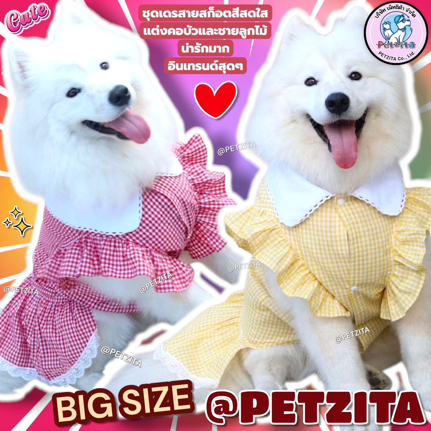 🇹🇭พร้อมส่ง🇹🇭 BIG SIZE👸💗เดรสหมาใหญ่ ลายสก็อตแต่งคอบัวขาวสุดน่ารัก เสื้อผ้าสุนัขพันธุ์ใหญ่ หมาใหญ่ สัตว์เลี้ยง หมาอ้วน