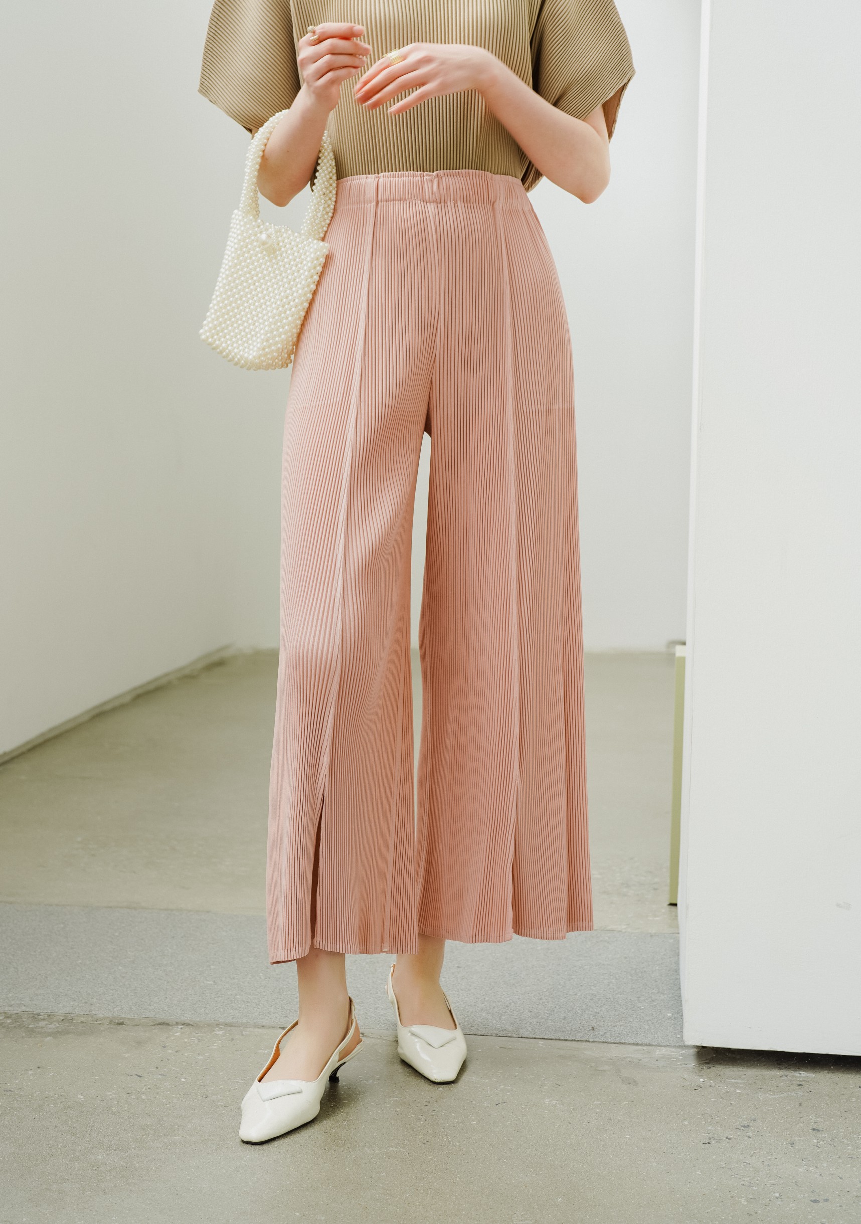ยาว 37 นิ้ว 2MUAY รุ่น GJO3435 กางเกงพลีทคุณภาพ THICK WIDE LEG SPLIT FRONT PLEATED PANTS 10 สี FREE SIZE