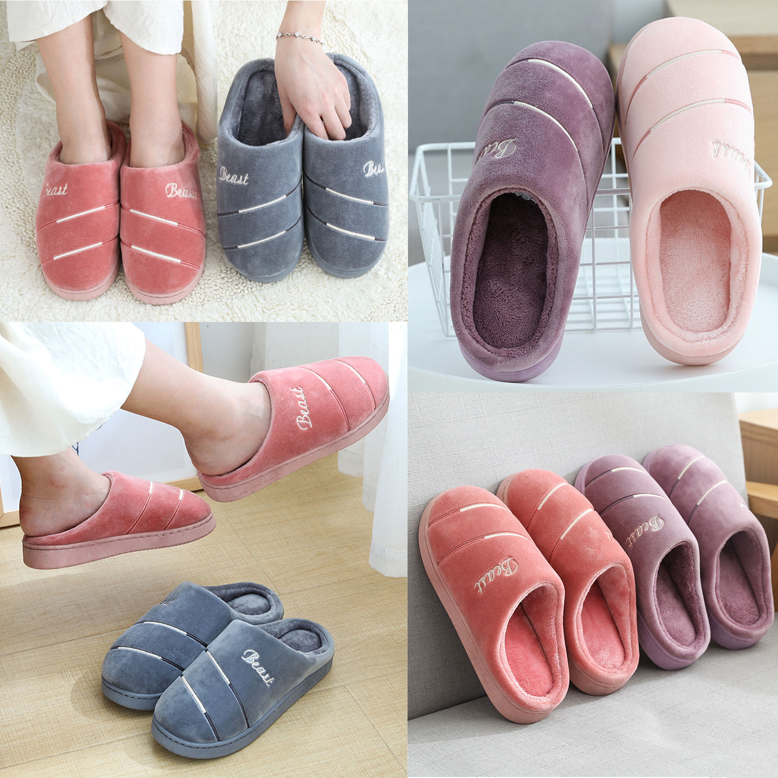 รองเท้าใส่ในบ้าน รุ่น ขีด Beast สไตล์เกาหลี ผ้าฝ้าย(Cotton) ขนนุ่ม พื้นนิ่ม ใส่สบายเท้า พื้นยางกันลื่น