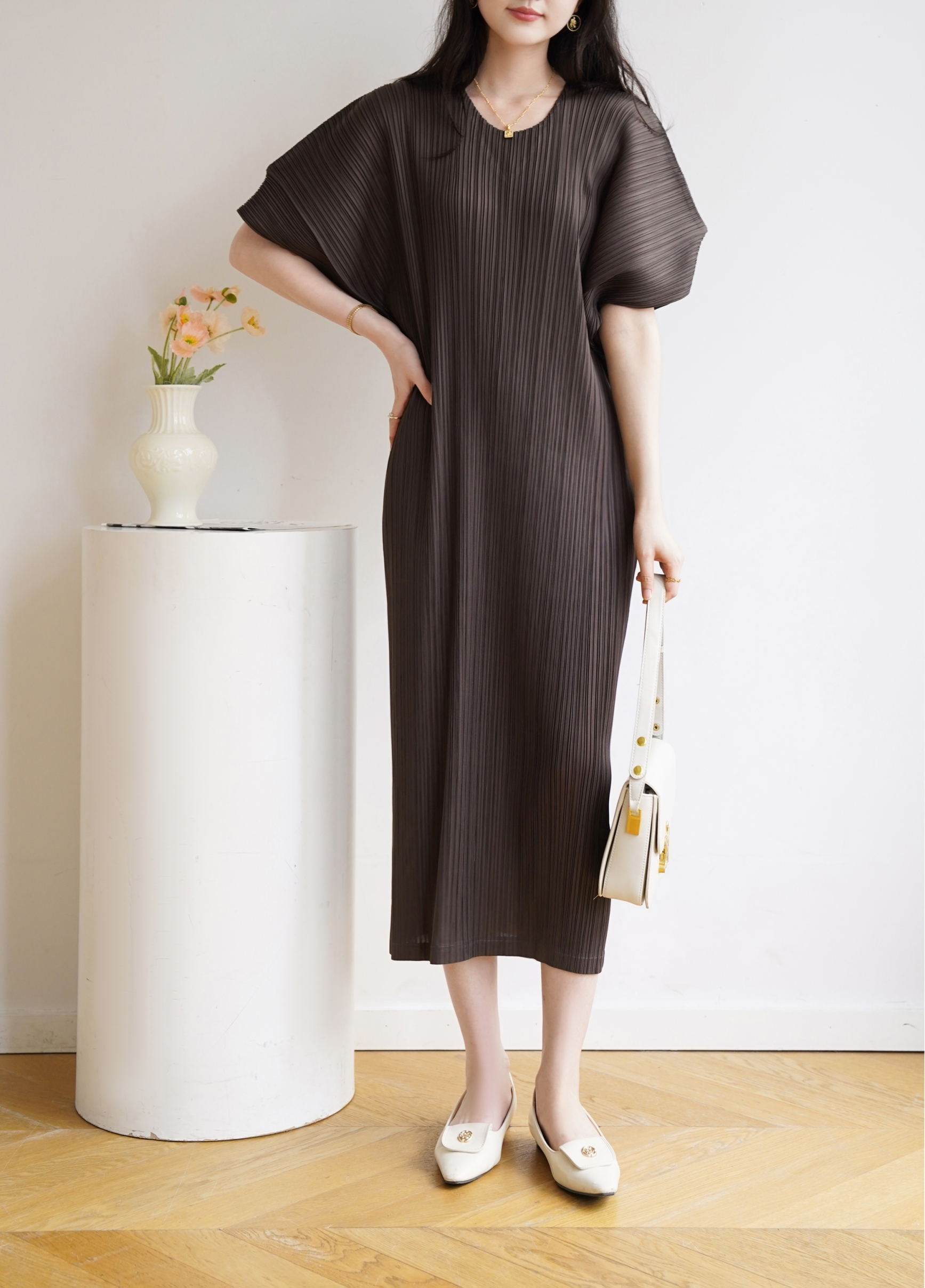 2MUAY รุ่น GJO1408 เดรสพลีทคุณภาพ SHORT SLEEVE V NECK PLEATED DRESS 10 สี FREE SIZE