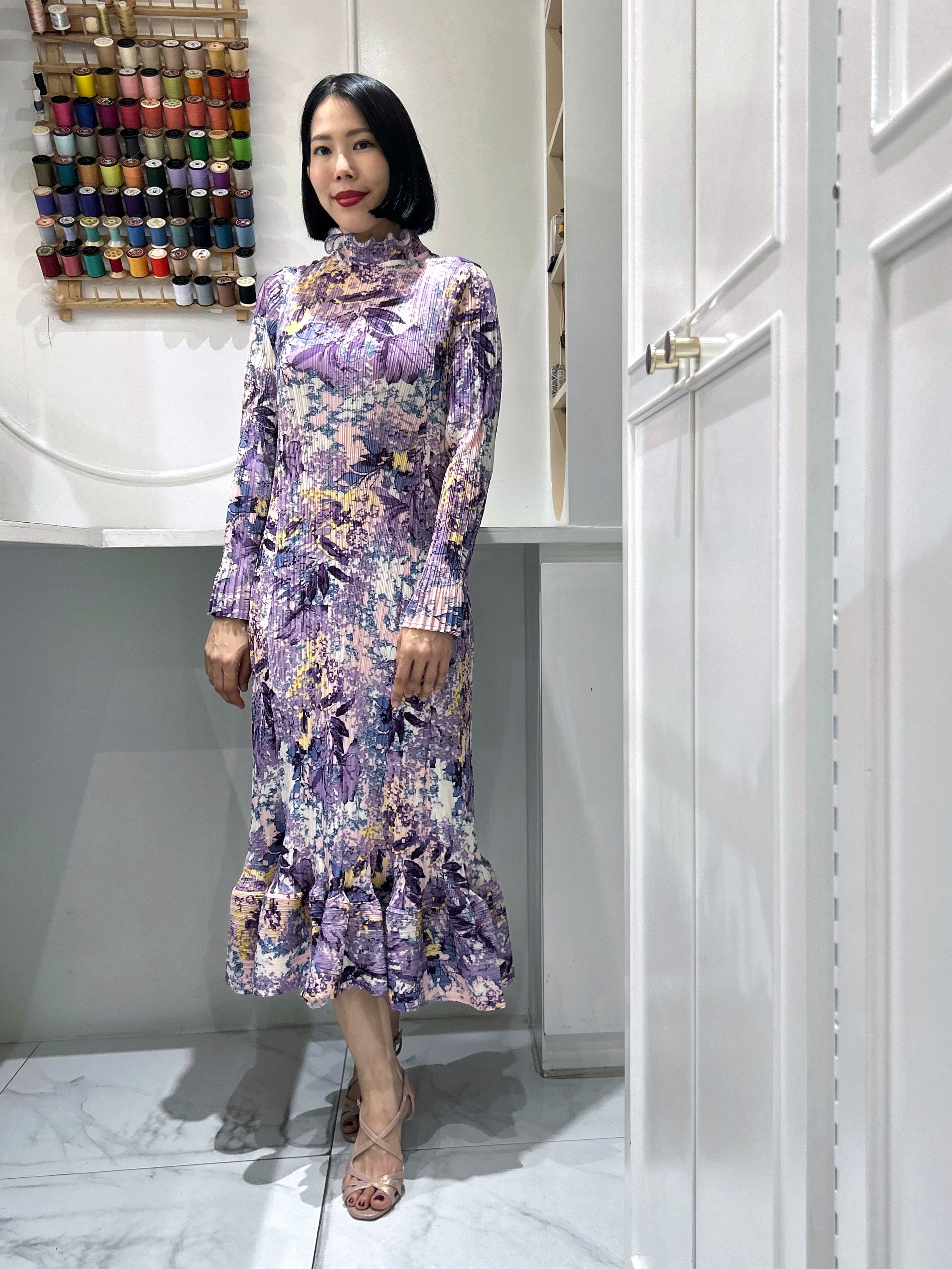 2MUAY รุ่น GA90188 เดรสอัดพลีท RAFFLE NECK FLORAL PRINTED PLEATED DRESS 6 สี FREE SIZE