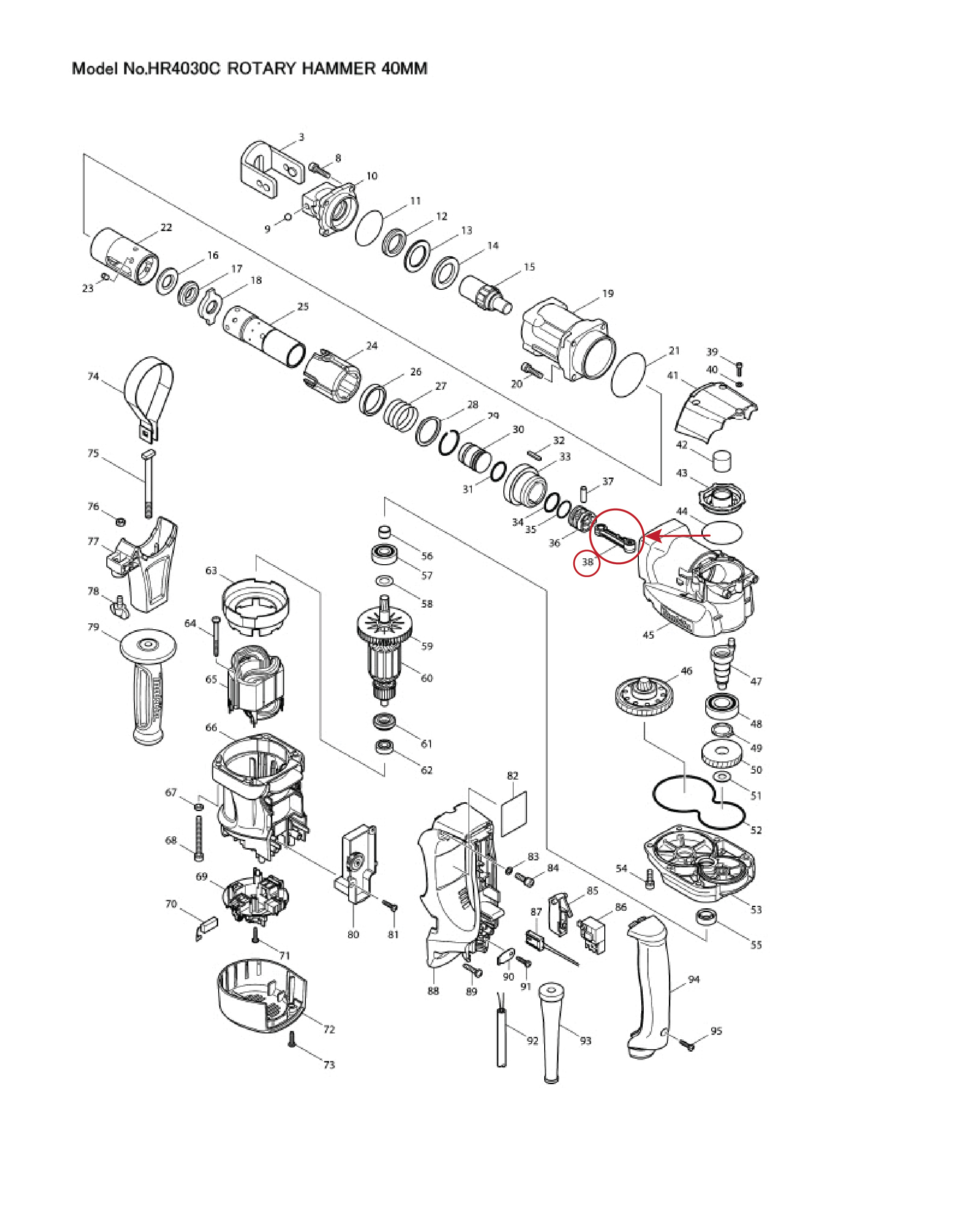 ก้านสูบ (แท้) สว่านกระแทกเจาะปูน Makita มากีต้า รุ่น HR4030C, HR1041C #38 (419679-0) (อะไหล่แท้ 100%) CONETING ROD