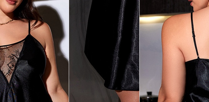 ชุดนอนผ้าซาตินไซส์ใหญ่ อกลูกไม้ Sexy มาก สายเดี่ยวปรับระดับได้