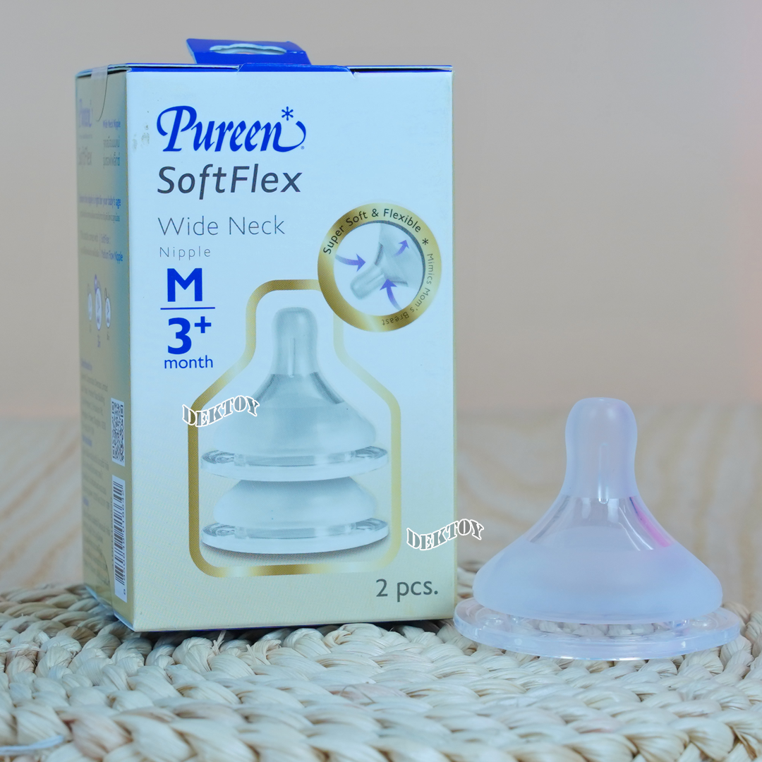 Pureen Softflex จุกนมเพียวรีนเสมือนนมแม่ รุ่นซอฟเฟล็กช์ จุกนมไม่ดูดไม่ไหล สำหรับขวดคอกว้าง แพ็ค2ชิ้น