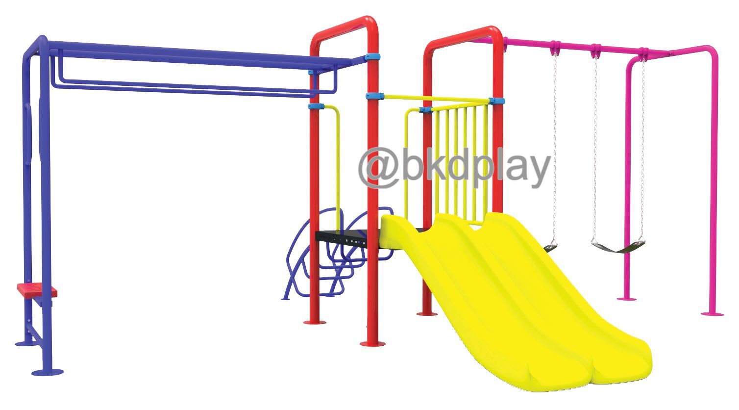 เครื่องเล่นสนามกลางแจ้ง ชุดเครื่องเล่นเด็ก BB-09 มีรางสไลเดอร์คู่ 1 ราง และชิงช้า 2 ที่นั่ง,บาร์โหน,ครุภัณฑ์สนามเด็กเล่น,งบสพฐ,outdoor Playground,ผลิตในไทย