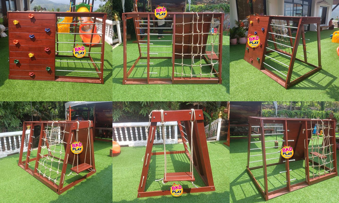 เครื่องเล่นสนามไม้ ชุด B ปีนป่ายเชือก ,ชิงช้า ,ปีนหน้าผา ปีนป่ายไม้ เครื่องเล่นสนามกลางแจ้ง ของเล่นสนาม wood playground