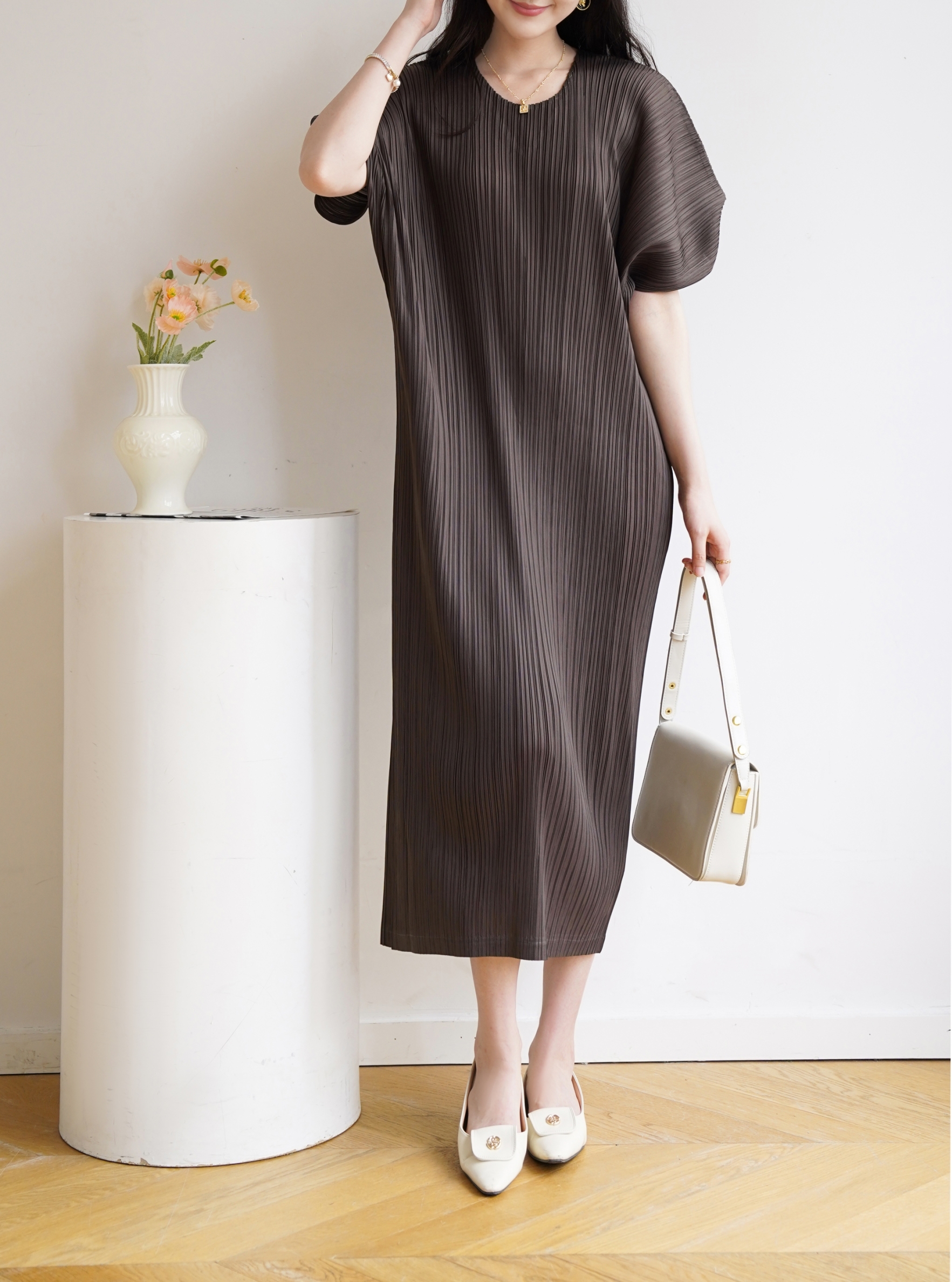 2MUAY รุ่น GJO1408 เดรสพลีทคุณภาพ SHORT SLEEVE V NECK PLEATED DRESS 10 สี FREE SIZE