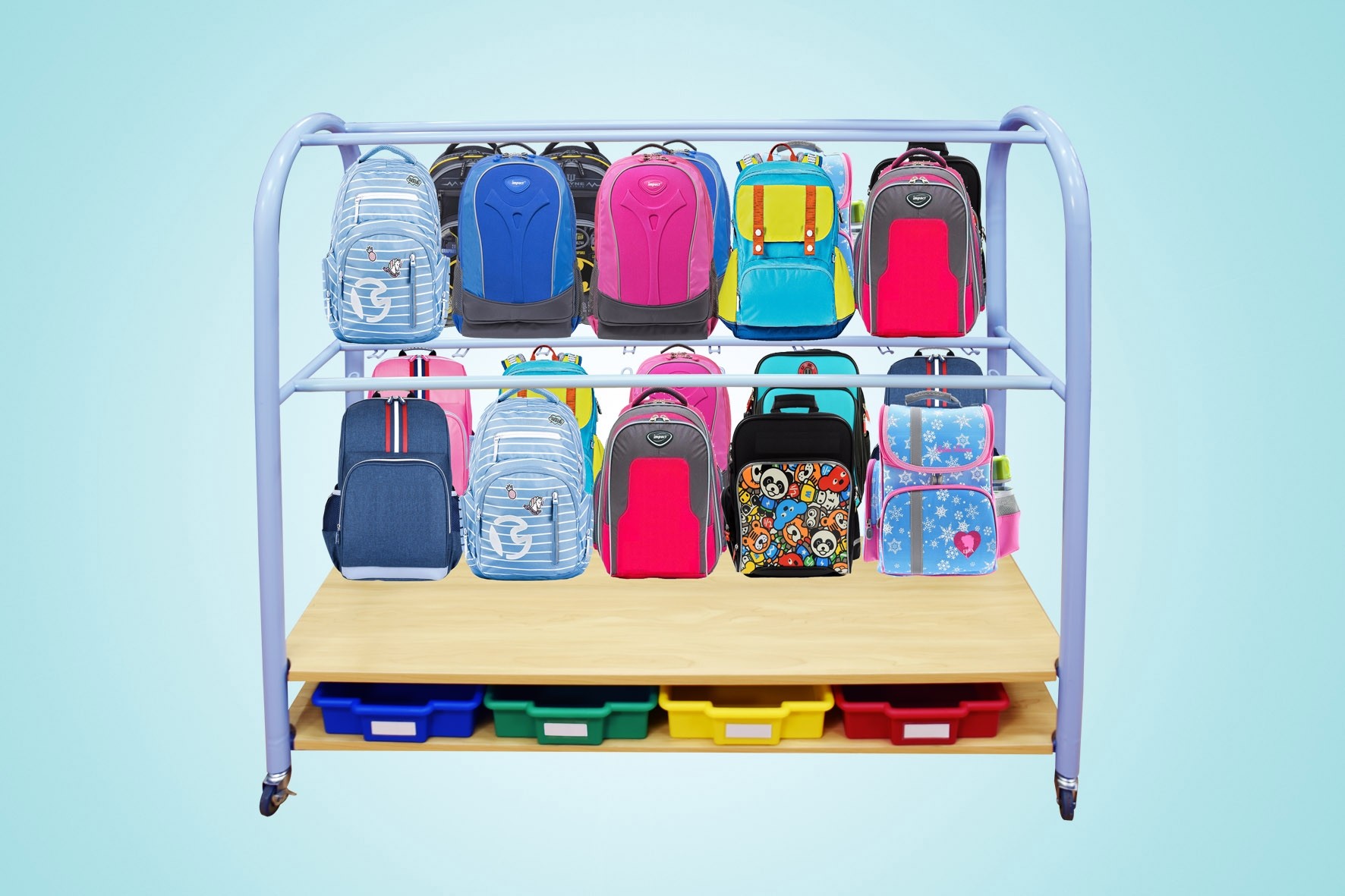 ชั้นวางกระเป๋าหนูน้อย ,ชั้นแขวนกระเป๋าเคลื่อนที่ 32 ใบ, ชั้นวางของ, เฟอร์นิเจอร์เด็ก,พร้อมส่ง