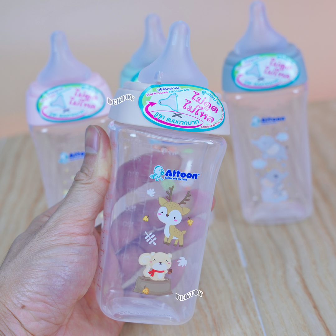 ขวดนมแอทตูน PP คอกว้าง ขนาด 5 และ 9 ออนซ์ มาพร้อมกับจุก หนา นุ่ม ไม่ดูดไม่ไหล