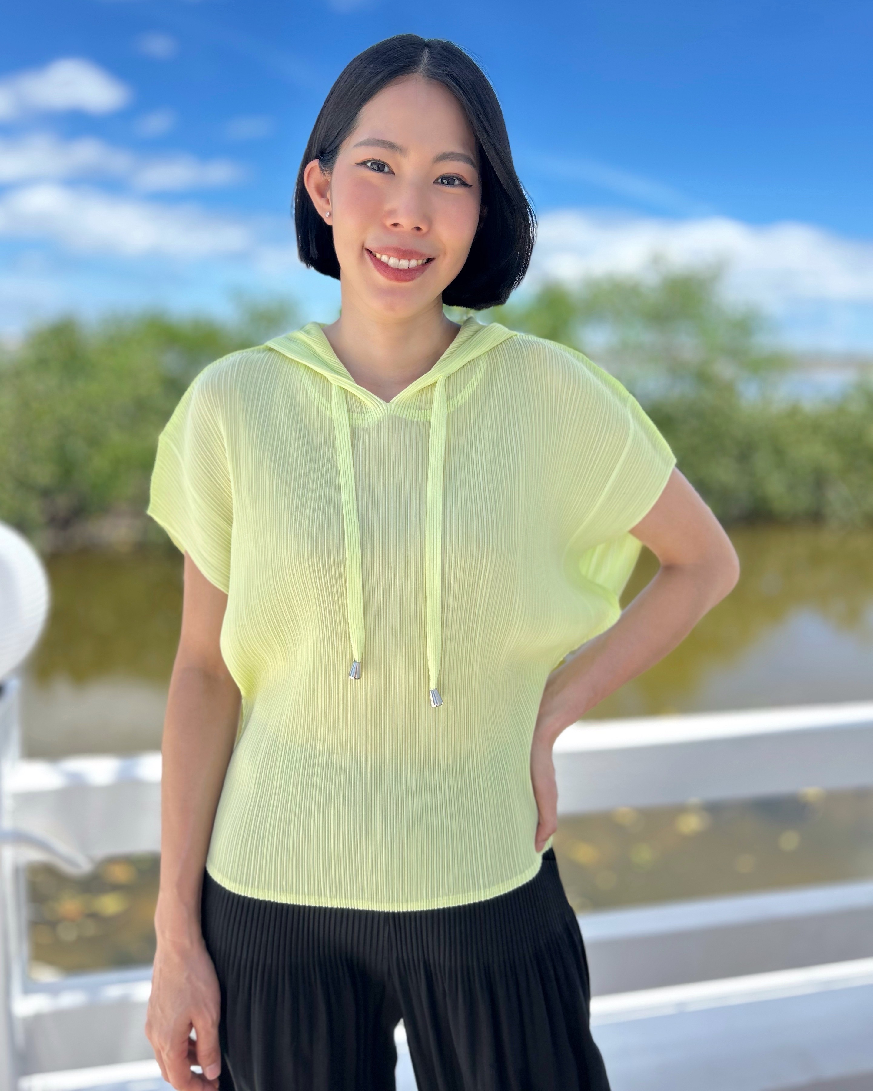 2MUAY รุ่น GJO10546 เสื้ออัดพลีท SHORT SLEEVE PLEATED HOODED PLEATED TOP 10 สี FREE SIZE