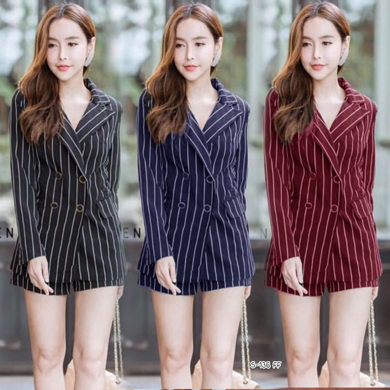 เซท 2ชิ้น เสื้อคลุม บลาเซอร์ แขนยาว ติดกระดุมหน้า กางเกงขาสั้น สีกรมท่า