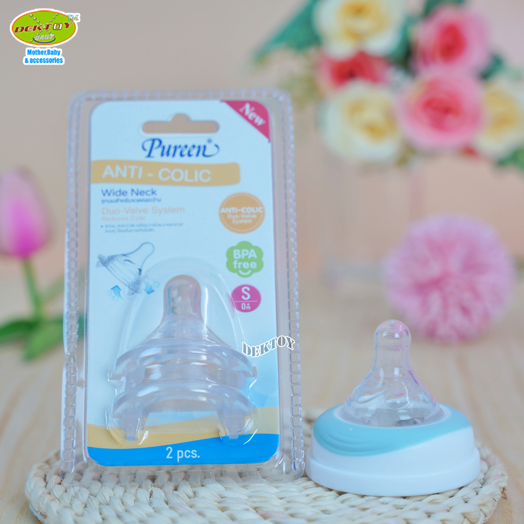 1แถม1 Pureen เพียวรีน จุกนมคอกว้างเสมือนนมแม่ Anti Colic แพ็ค 2 ชิ้น
