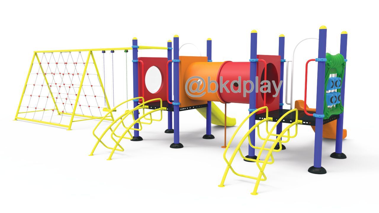 เครื่องเล่นสนามกลางแจ้ง ชุดเครื่องเล่นเด็ก BA-38 มี 2 รางสไลเดอร์, ปีนป่าย 1 ชด,ท่อลอด,และชิงช้า 2 ที่นั่ง,ครุภัณฑ์สนามเด็กเล่น,งบสพฐ,outdoor Playground,ผลิตในไทย
