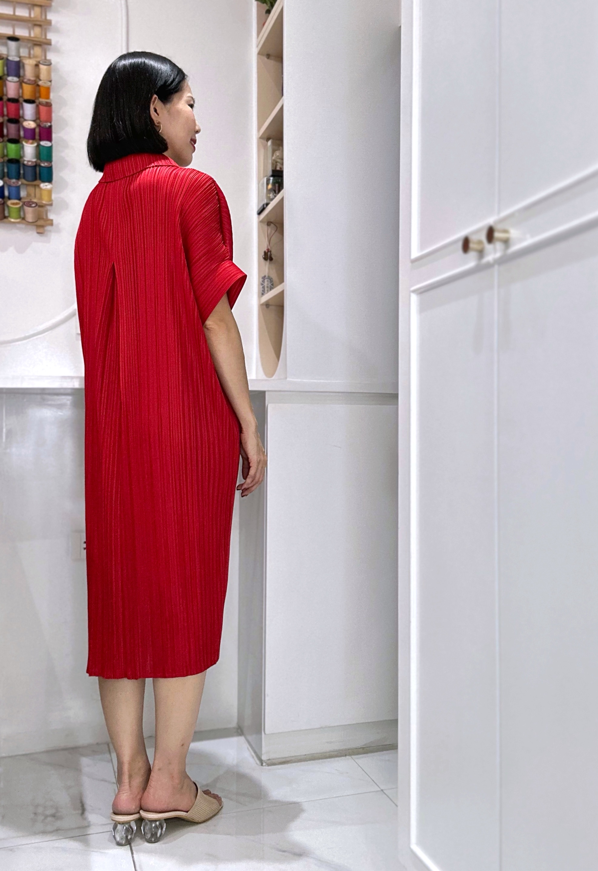 2MUAY รุ่น GJO2087 COLLAR BUTTON FRONT PLEAT DRESS เดรสอัดพลีทงานคุณภาพ 9สี FREE SIZE