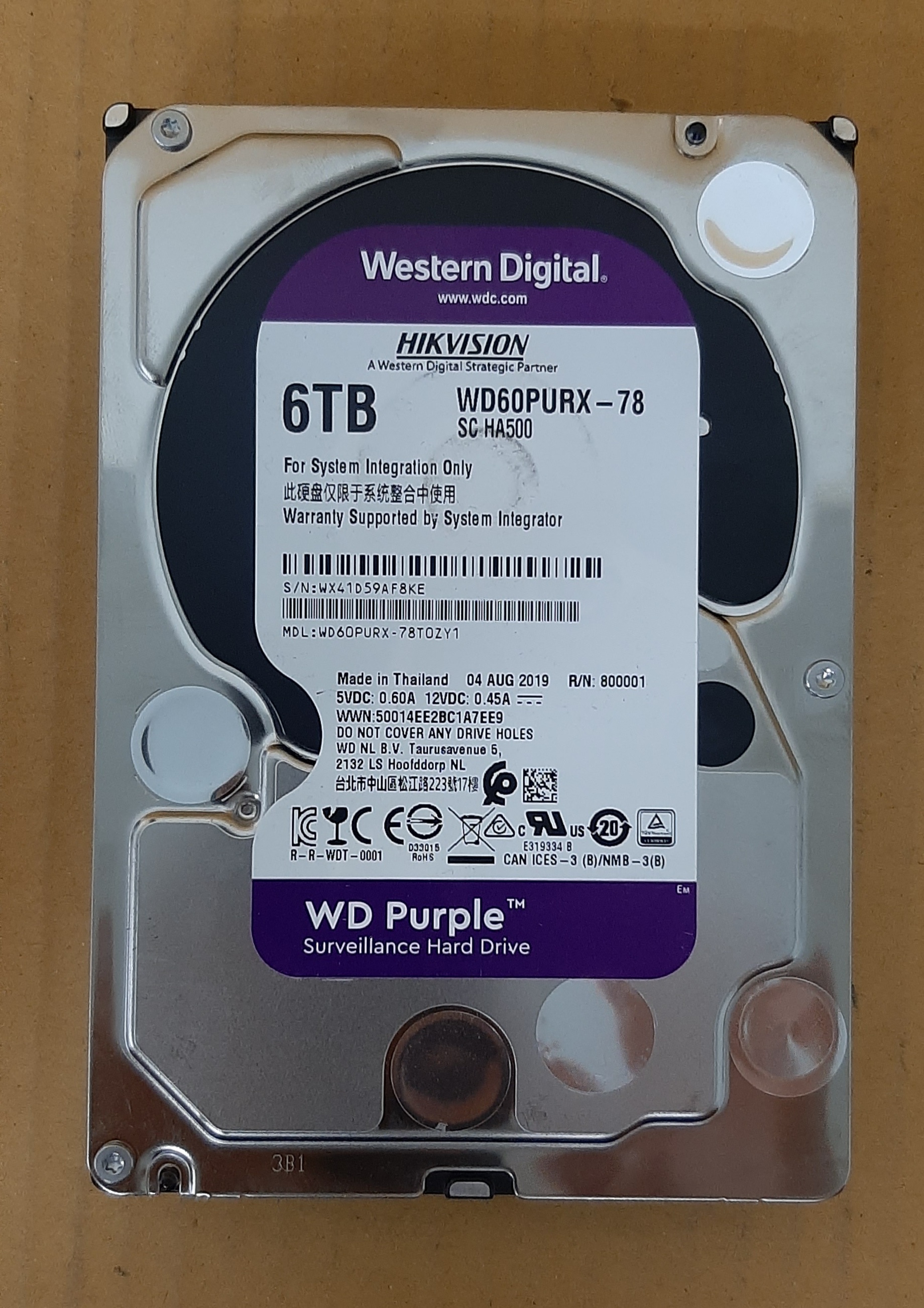 HDD ของมือสอง ประกันร้าน 1 เดือน WD Purple 6TB SATA 3.5 6Gbps 7200RPM"
