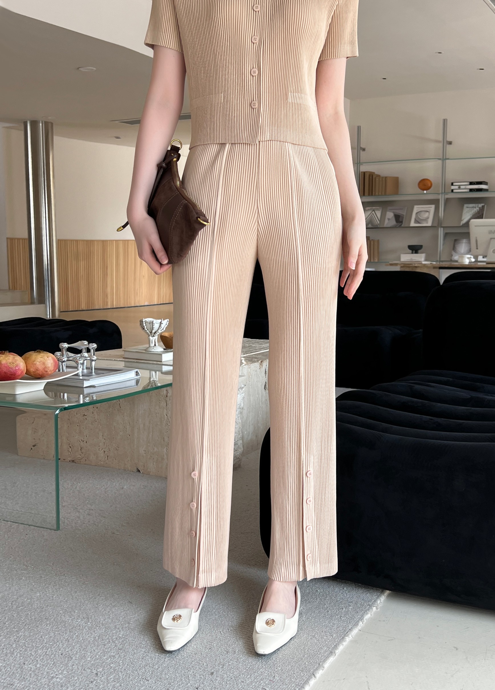 ยาว 38.5 นิ้ว 2MUAY รุ่น GJO1871 กางเกงพลีทคุณภาพ THICK STRAIGHT LEG SPIT FRONT PLEATED PANTS 10สี FREE SIZE