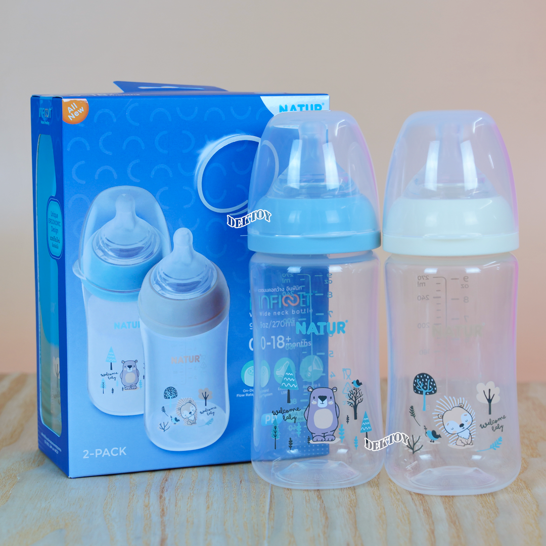 Natur infinit one size ขวดนมเนเจอร์อินฟินิท คอกว้าง PES สีชา และ PP 5 และ 9 ออนซ์ จุกนมไม่ดูดไม่ไหล 0-18 เดือน