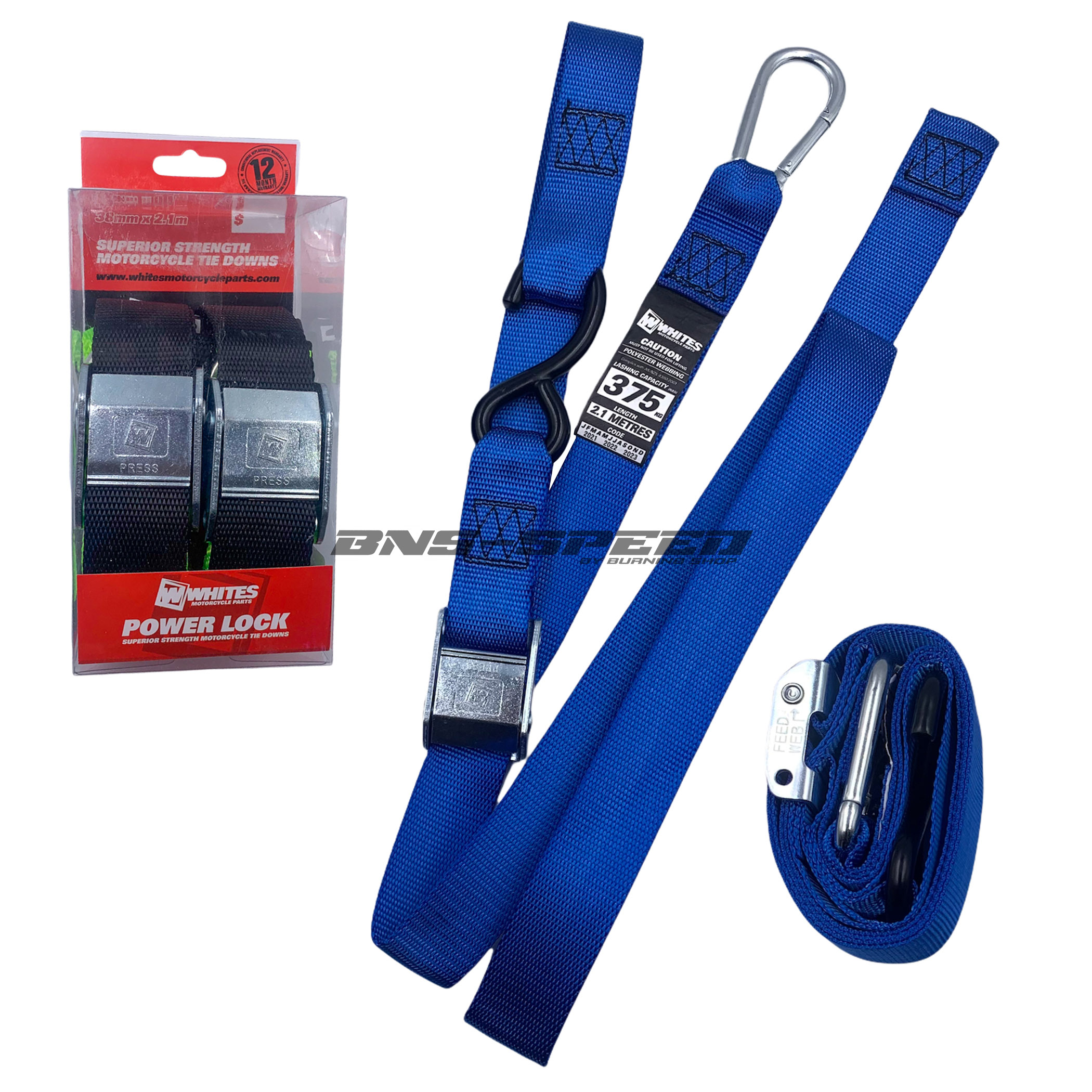 เชือกมัดรถ Whites tie down 38mm ฟ้า/ฟ้า