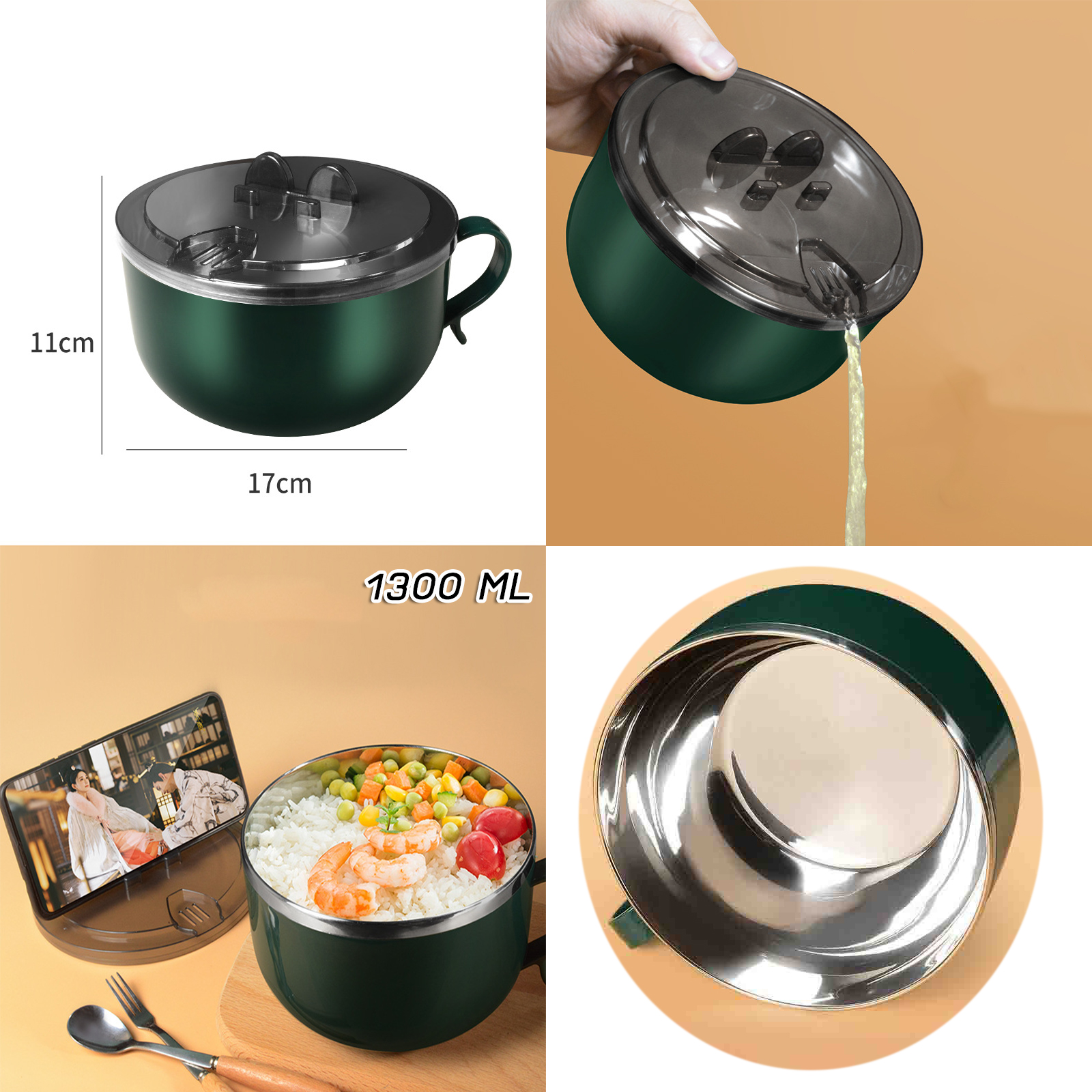 ถ้วยสแตนเลส หูจับ ถ้วยมาม่า ชามมีฝา มี 3ขนาด 900ml/1000ml/1200ml/1300ml มีหลายสีให้เลือก