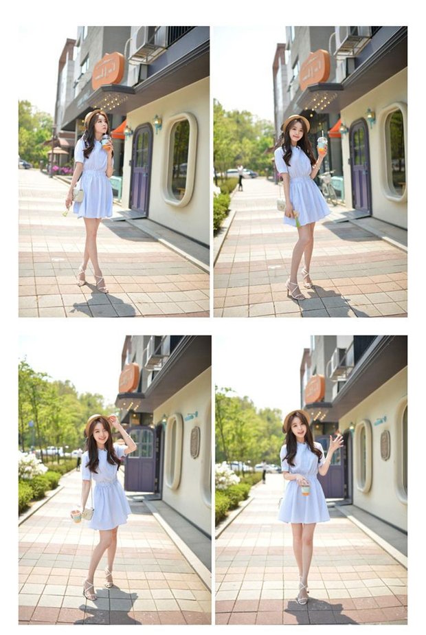 ชุดเดรสแฟชั่น ผ้าฝ้ายผ้าลินินแขนสั้นลายเส้นแนวตั้งเอวตั้งเป็นเสื้อเชิ้ต (ตามรูป)