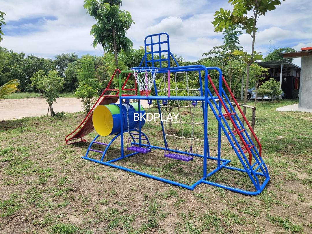 ชุดรวม E เชือกถักใหญ่ ประกอบด้วยสไลเดอร์ชิงช้าปีนป่ายแป้นบาสและถังลอดถ้ำ กระดานลื่นเหล็ก เครื่องเล่นสนามกลางแจ้ง เครื่องเล่นสนามเหล็ก OutdoorPlayground,ผลิตเครื่องเล่นสนาม,เครื่องเล่นในสนามเด็กเล่น,เครื่องเล่นงบสพฐ.,ประชารัฐ, ราคาโรงงาน