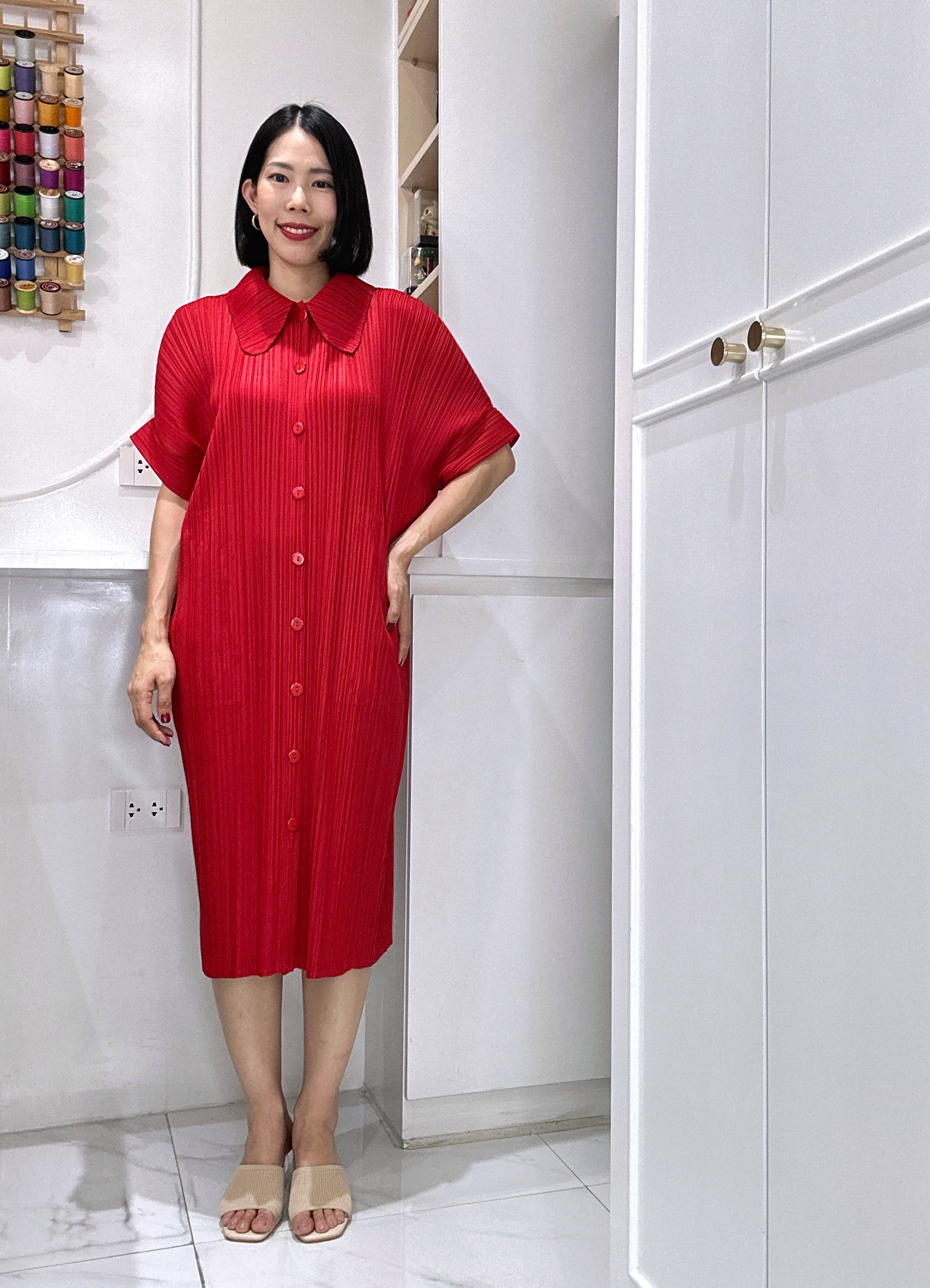 2MUAY รุ่น GJO2087 COLLAR BUTTON FRONT PLEAT DRESS เดรสอัดพลีทงานคุณภาพ 9สี FREE SIZE