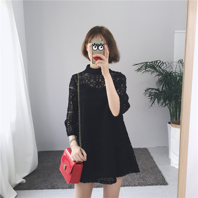 ชุดเดรสลูกไม้คอปิด ซิปซ่อนด้านหลัง ลายลูกไม้ตามแบบ มี 3 สี ดำ/เทา/ขาว