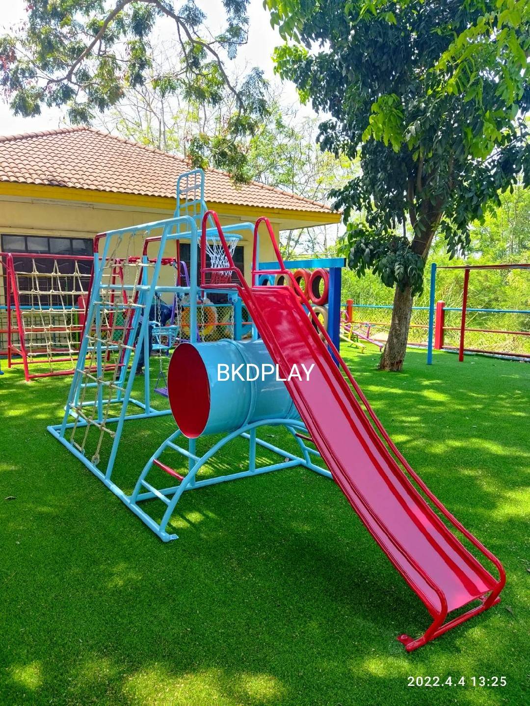 ชุดรวม H เครื่องเล่นสนามแบบเหล็ก ประกอบด้วยสไลเดอร์ชิงช้าปีนป่ายแป้นบาส (ถักเล็ก) , เครื่องเล่นสนามกลางแจ้ง , OutdoorPlayground,ผลิตเครื่องเล่นสนาม,เครื่องเล่นงบสพฐ.ประชารัฐ ราคาโรงงาน