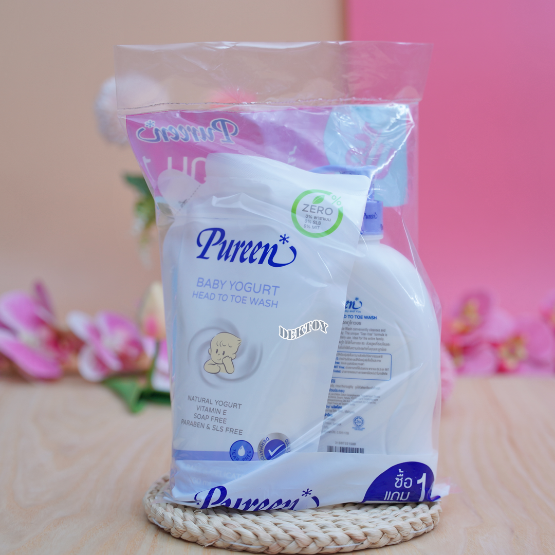 1แถม1 สบู่เหลวอาบสระผมเด็ก Pureen เพียวรีน เบบี้โยเกิร์ตเฮดทูโทวอช 500แถม 400 มล.(ปั๊มแถมถุง)