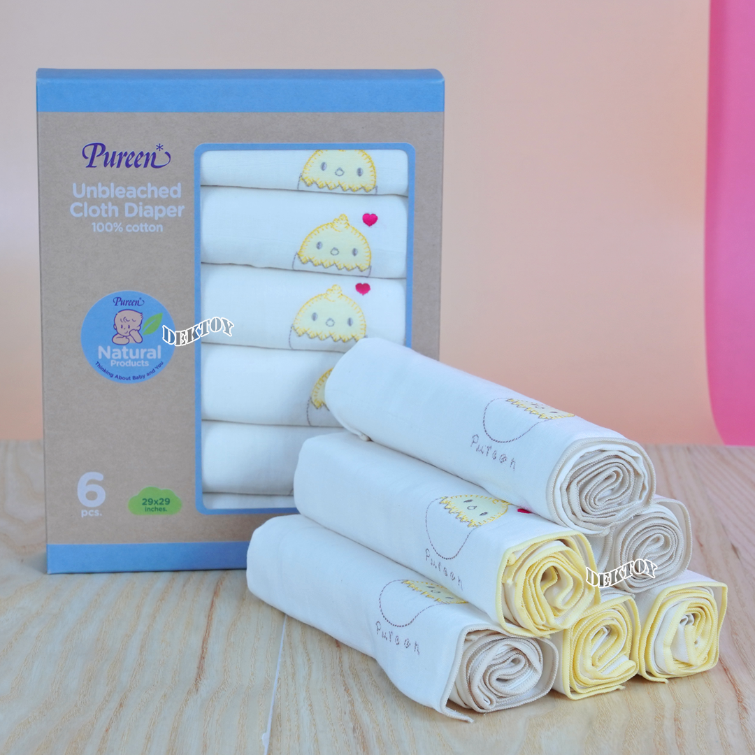 Pureen เพียวรีน ผ้าอ้อมคอตตอนเพียวรีนไม่ฟอกขาว Cotton USA 2 ชั้นไซส์ 29 x 29 นิ้ว แพ็ค 6 ผืน