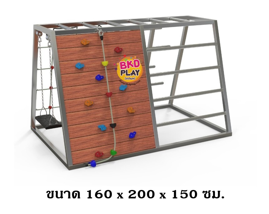 เครื่องเล่นสนามไม้+โครงสแตนเลส เกรด304 ไต่หน้าผา ปีนตาข่าย ไต่บันได ชิงช้า รุ่น BKDPLAY-S-02 ไม้เนื้อแข็ง ผลิตในไทย ใช้สแตนเลสไม่เป็นสนิม เครื่องเล่นสนามกลางแจ้ง เครื่องเล่นสนามไม้ ปีนป่าย กายภาพบำบัด