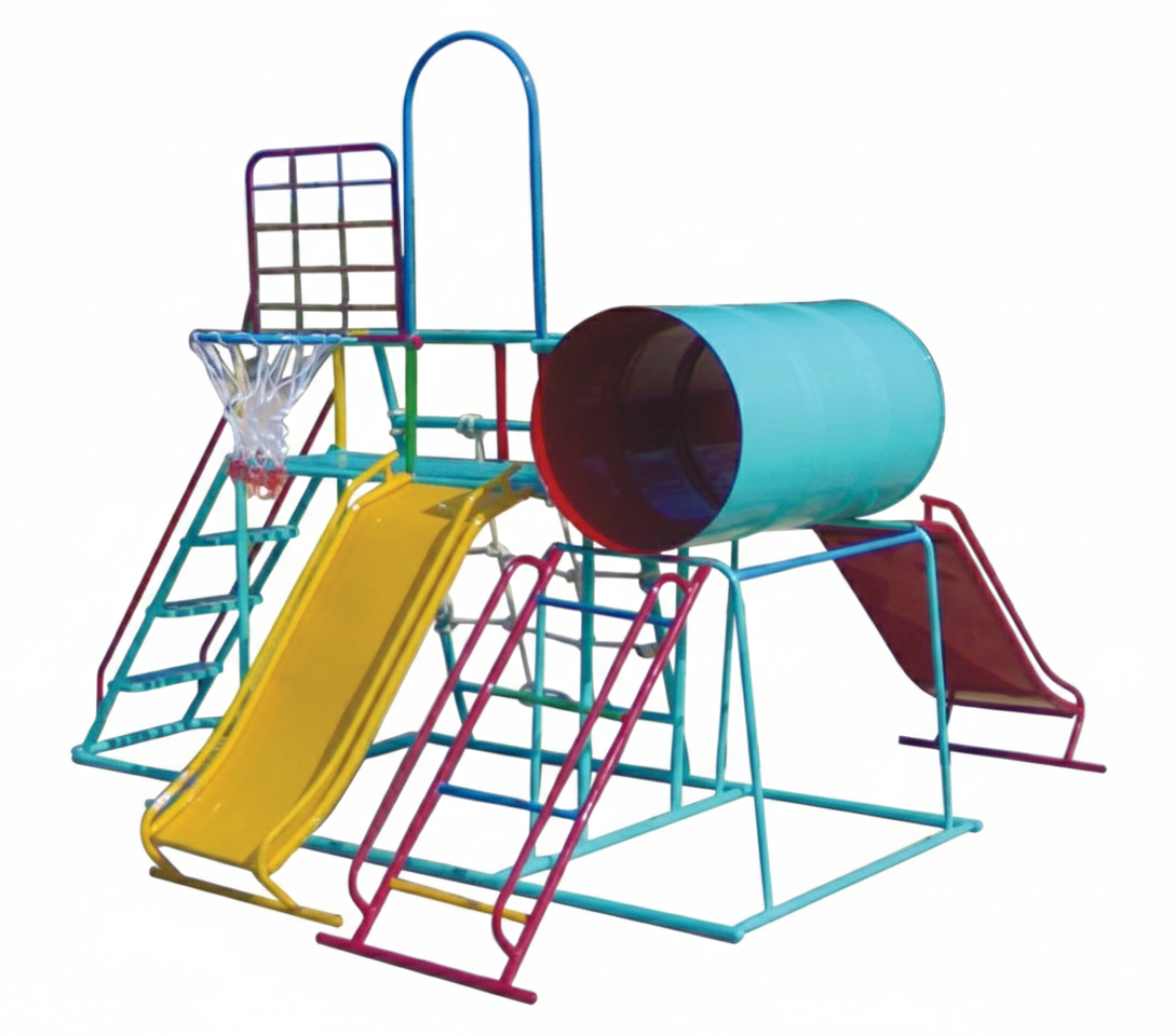 เครื่องเล่นสนามชุดรวมD ประกอบด้วยสไลเดอร์ปีนป่ายแป้นบาสและถังลอด, เครื่องเล่นสนามกลางแจ้ง , เครื่องเล่นสนามเหล็ก, ของเล่น, OutdoorPlayground,สนามเด็กเล่น,เครื่องเล่นงบสพฐ.ประชารัฐ ราคาโรงงาน ขนาด120x120x150 ซม.