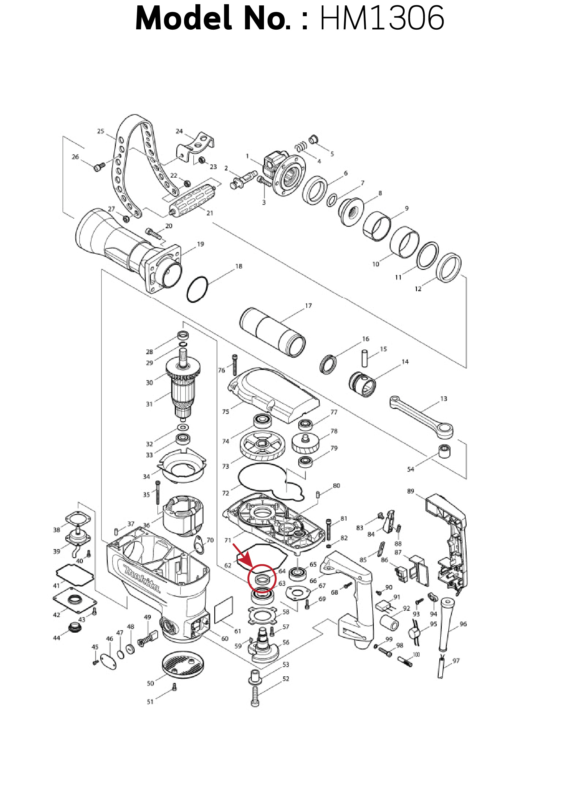 แหวนคาร์บอน (แท้) ในเสื้อเฟือง สกัด Makita มากีต้า รุ่น HM1306 #64 (257286-9) (อะไหล่แท้ 100%) RING 25