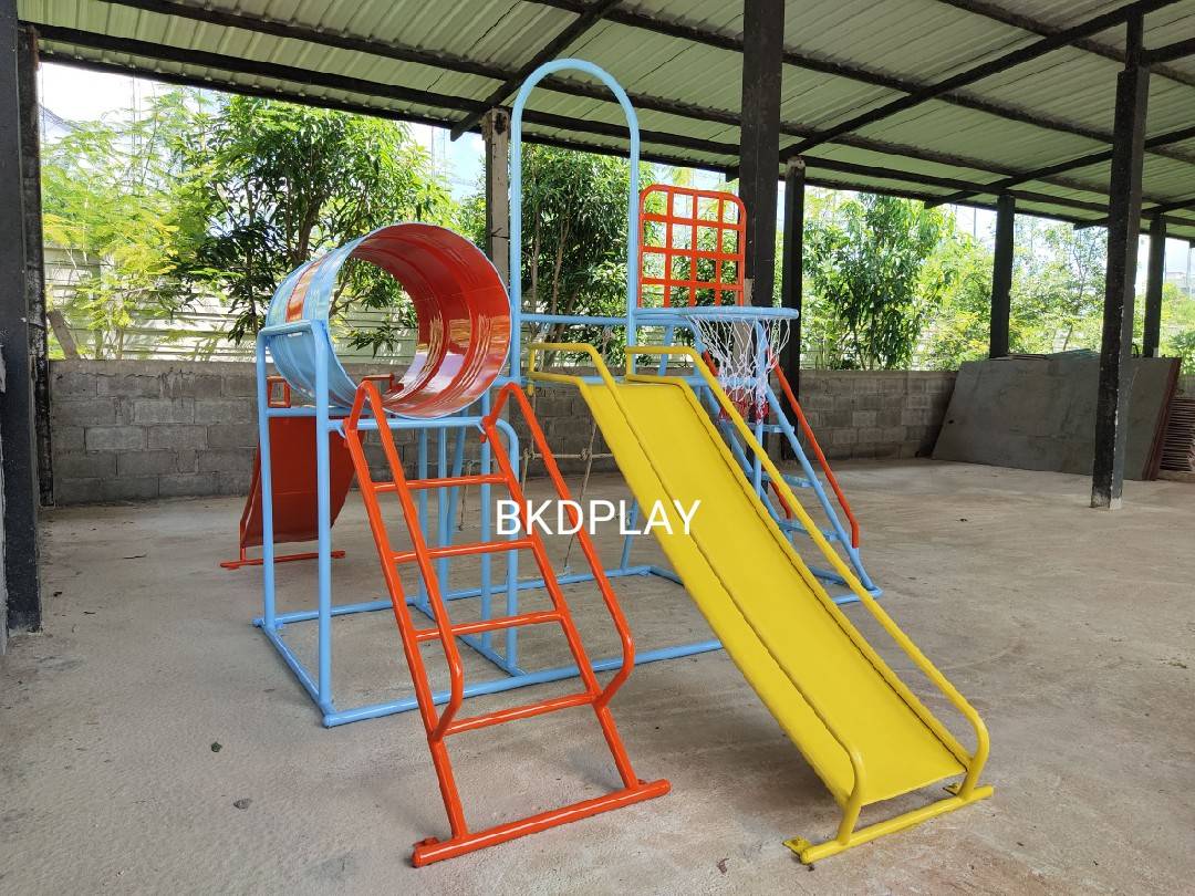 เครื่องเล่นสนามชุดรวมD ประกอบด้วยสไลเดอร์ปีนป่ายแป้นบาสและถังลอด, เครื่องเล่นสนามกลางแจ้ง , เครื่องเล่นสนามเหล็ก, ของเล่น, OutdoorPlayground,สนามเด็กเล่น,เครื่องเล่นงบสพฐ.ประชารัฐ ราคาโรงงาน
