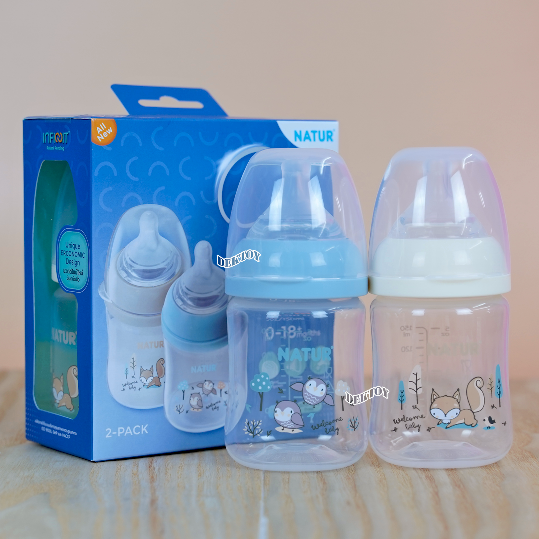 Natur infinit one size ขวดนมเนเจอร์อินฟินิท คอกว้าง PES สีชา และ PP 5 และ 9 ออนซ์ จุกนมไม่ดูดไม่ไหล 0-18 เดือน