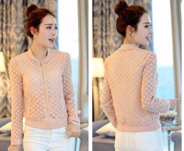 เสื้อแจ็คเก็ตสูทสั้นลูกไม้บาง ๆ คาร์ดิแกน สีชมพู