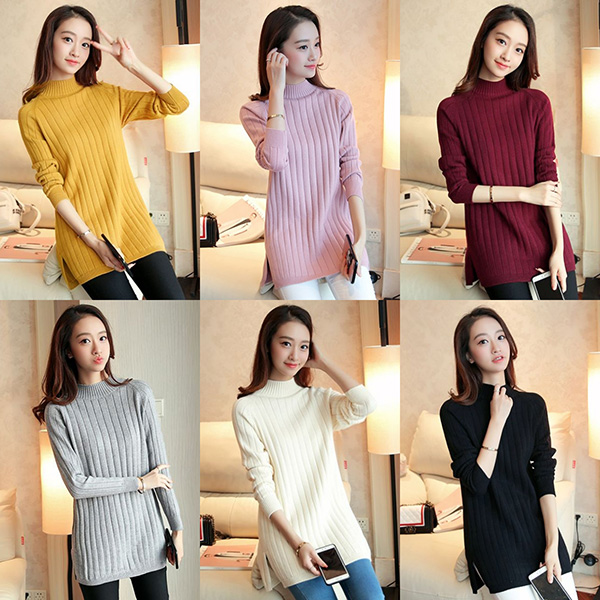 เสื้อไหมพรมคอเต่าตัวยาว แขนยาว ชายผ่าข้าง-12055