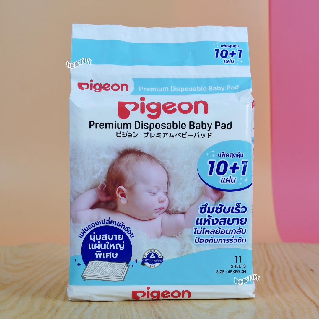 Pigeon พีเจ้น แผ่นรองซับ แผ่นพรีเมียมสำหรับรองเปลี่ยนผ้าอ้อม1ห่อ11แผ่น