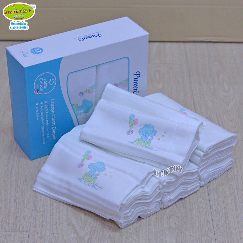 Pureen เพียวรีน ผ้าอ้อมคอตตอนเพียวรีนพิมพ์มุม Cotton USA 2 ชั้นไซส์ 29 x 29 นิ้ว แพ็ค 12 ผืน