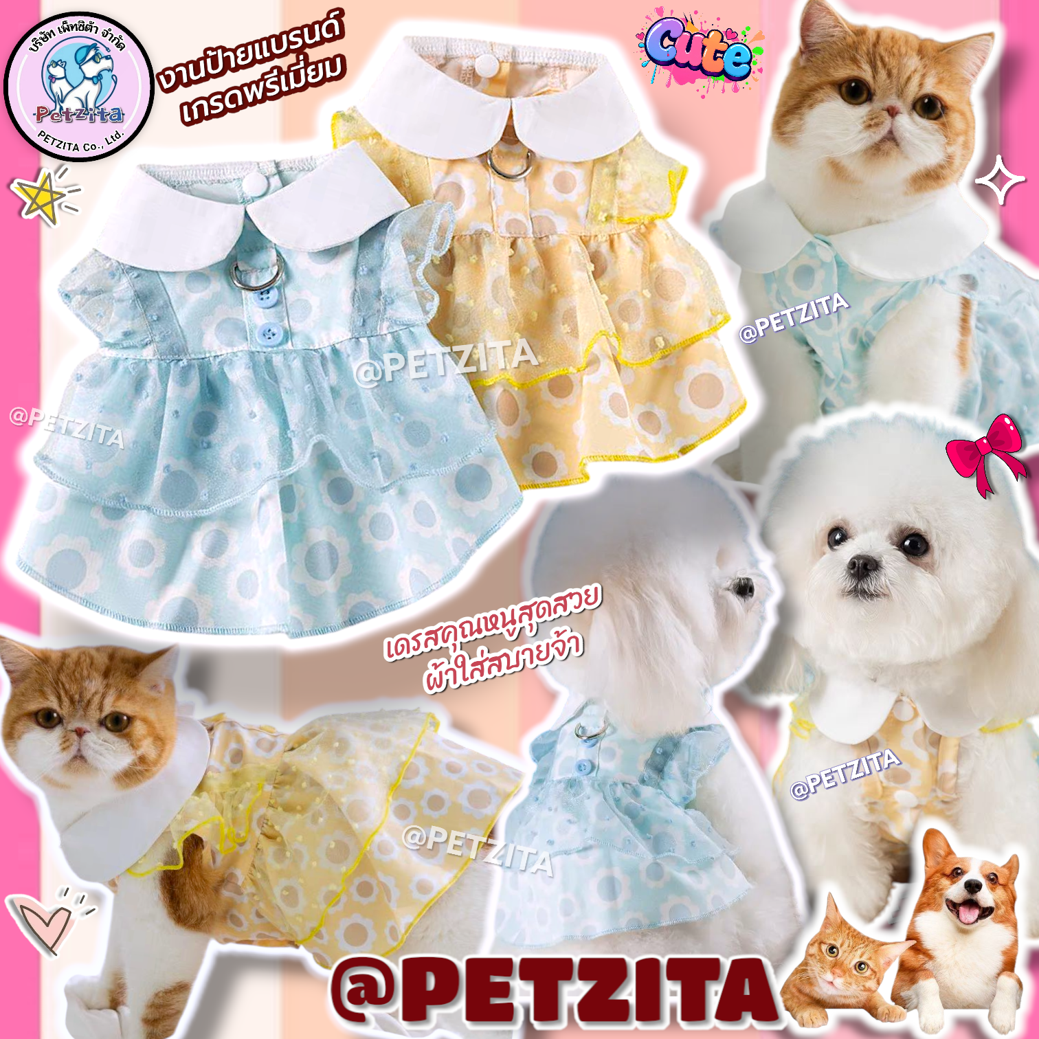 🇹🇭พร้อมส่ง🇹🇭👗 เดรสคุณหนูสุดน่ารัก ผ้าใส่สบาย งานแบรนด์ for สุนัข แมว สัตว์เลี้ยง