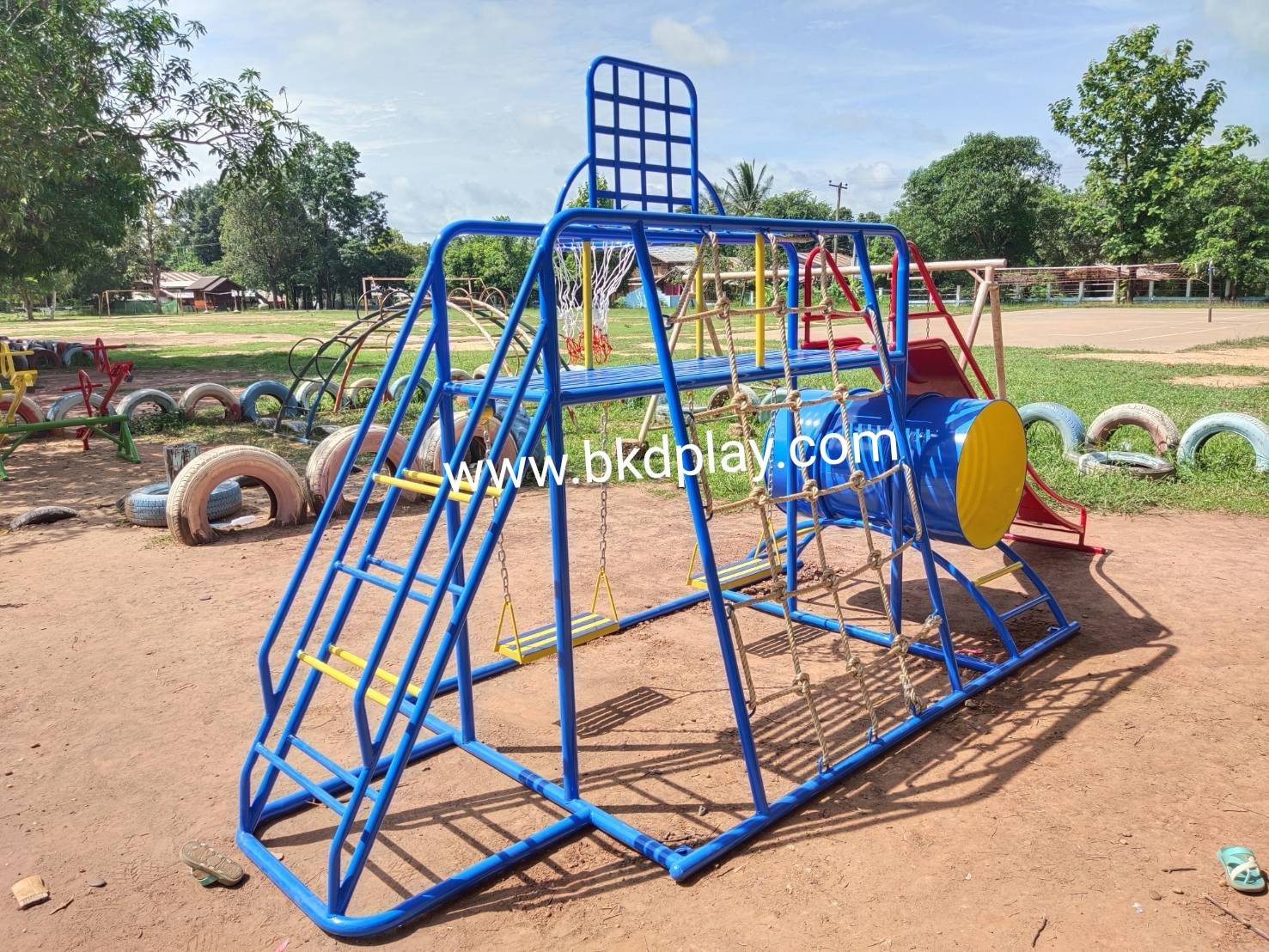 ชุดรวม H เครื่องเล่นสนามแบบเหล็ก ประกอบด้วยสไลเดอร์ชิงช้าปีนป่ายแป้นบาส (ถักเล็ก) , เครื่องเล่นสนามกลางแจ้ง , OutdoorPlayground,ผลิตเครื่องเล่นสนาม,เครื่องเล่นงบสพฐ.ประชารัฐ ราคาโรงงาน